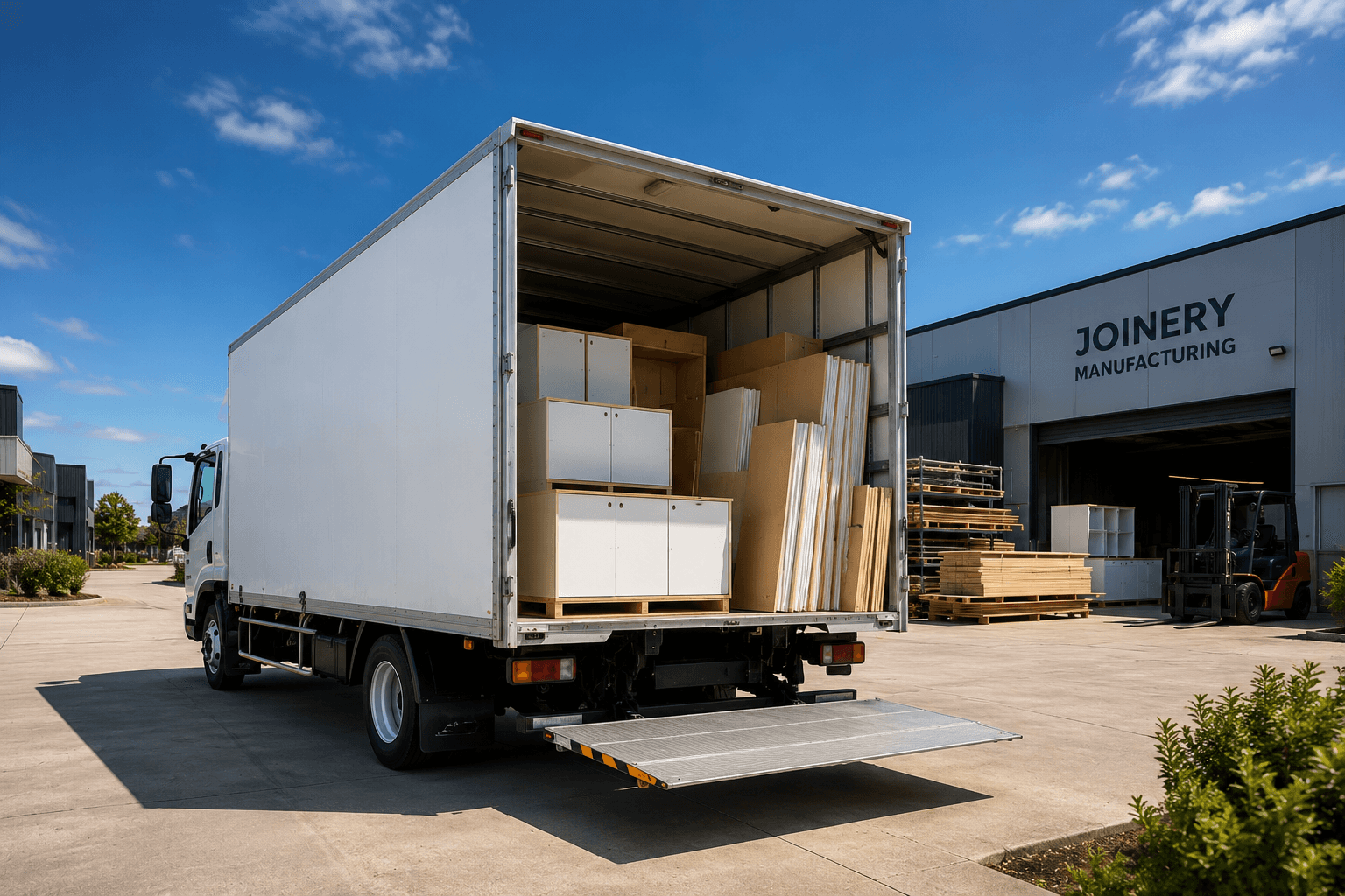 White delivery truck loaded with cabinets and wood panels outside a joinery manufacturing facility.