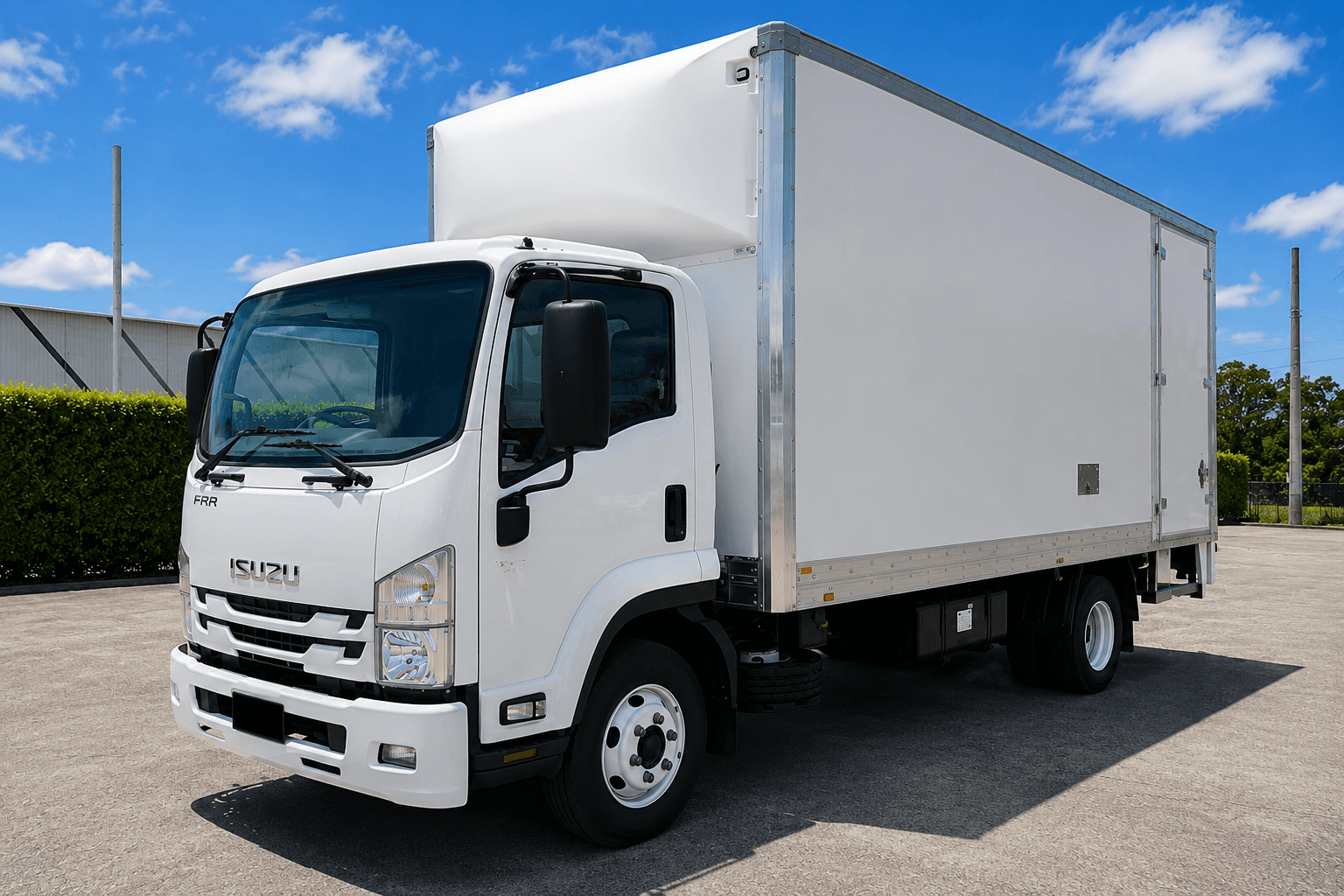White Isuzu box truck parked in an open lot under a bright blue sky.