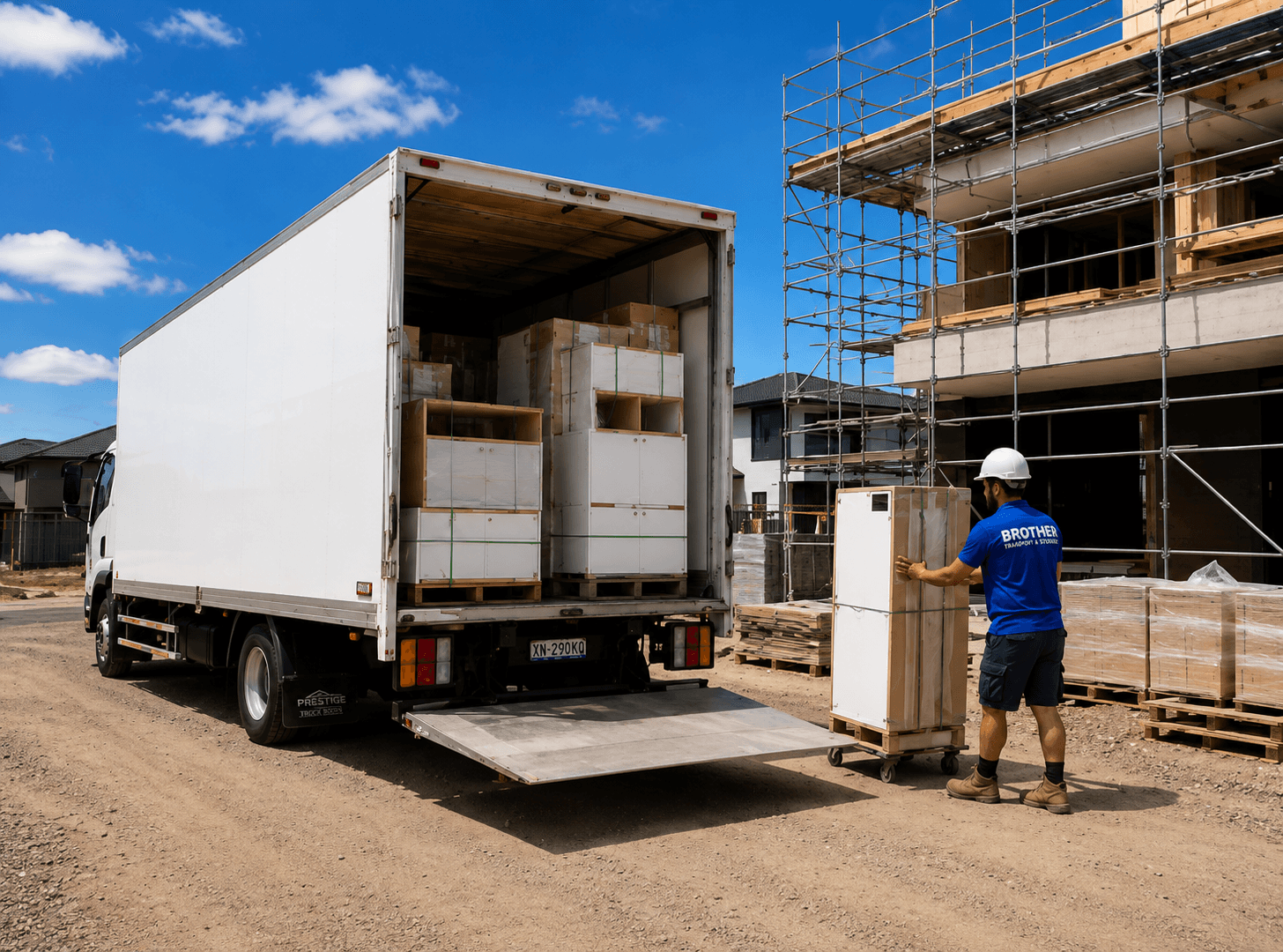 Worker unloading a large box from a white truck at a construction site with scaffolding.