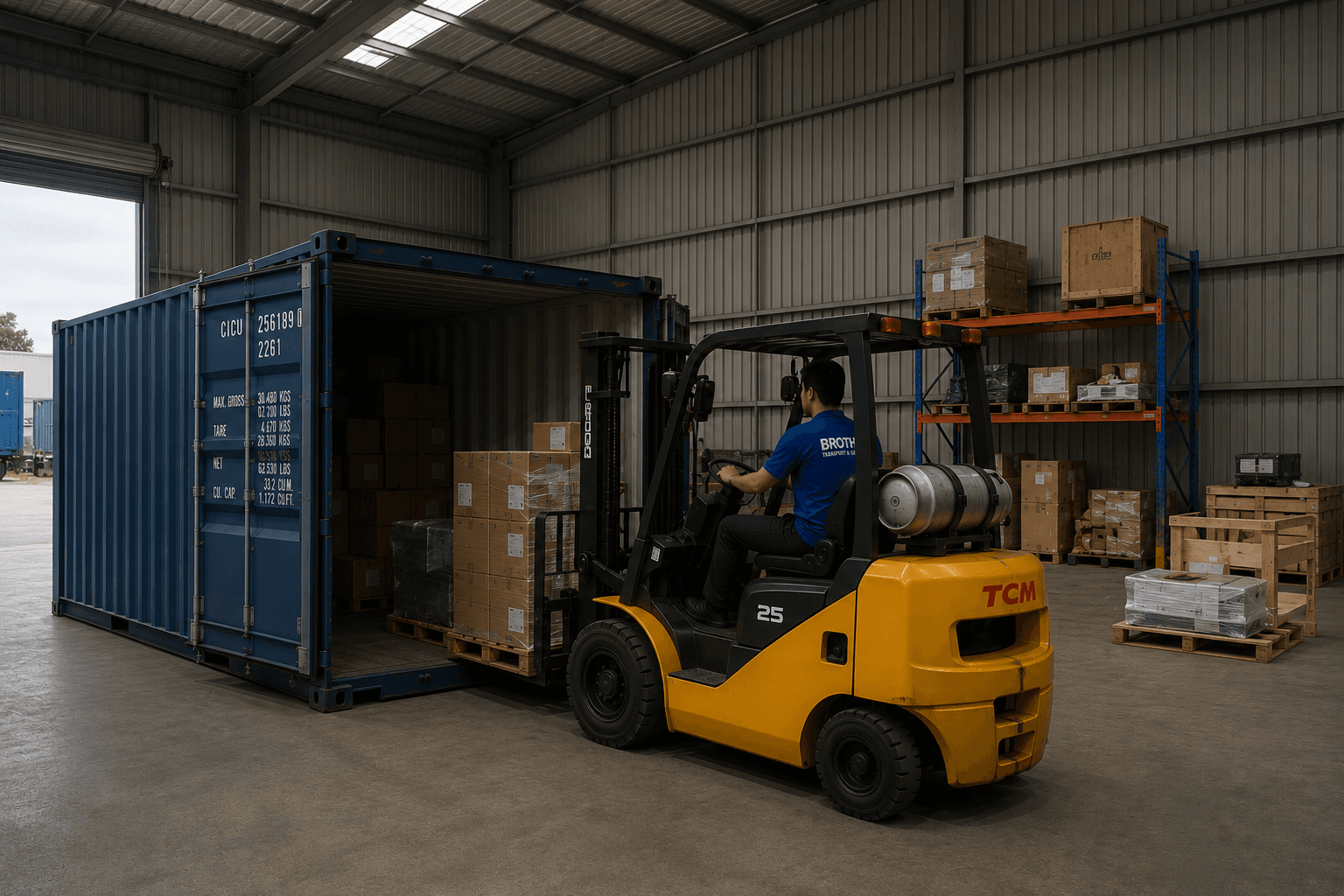 Yellow forklift loading a pallet of cardboard boxes into a blue shipping container in a warehouse.