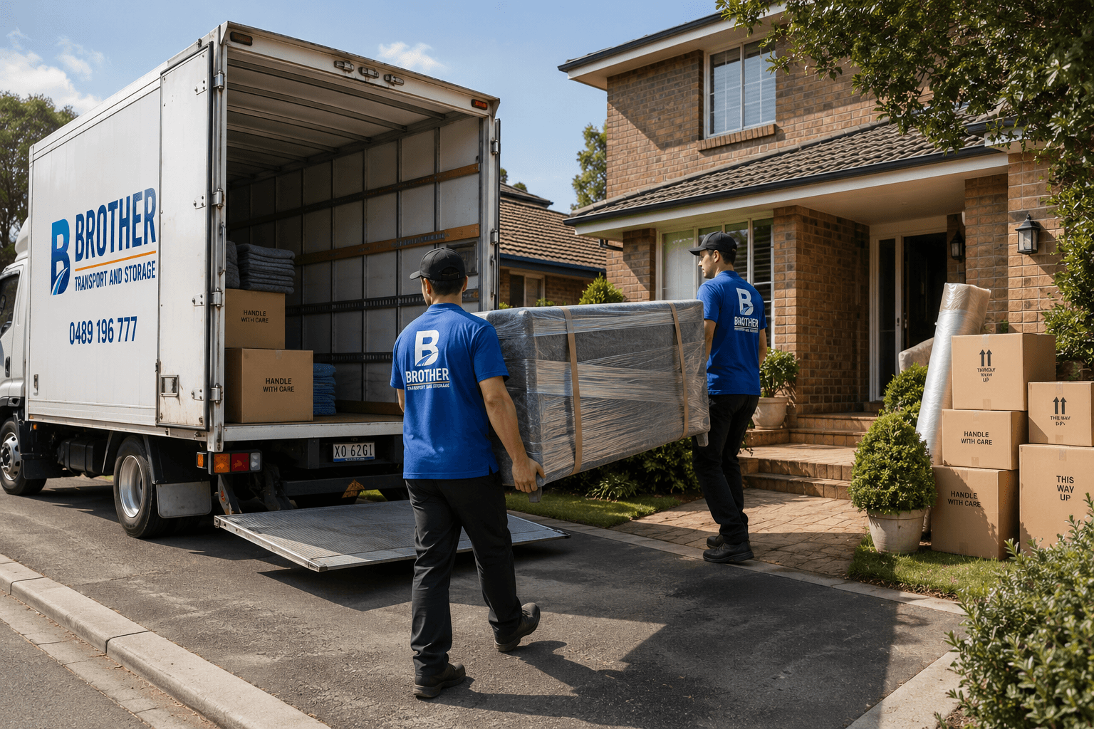 Two movers in blue shirts load wrapped furniture into a Brother Transport and Storage truck.