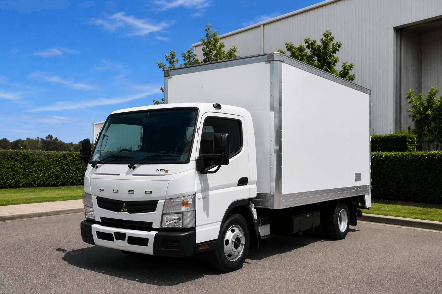 White Mitsubishi Fuso box truck parked on asphalt in front of a large white warehouse.